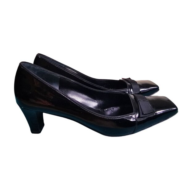 Salvatore Ferragamo Black Bow Accent Patent Leather Pumps 8.5 Square Toe Italian - Picture 2 of 10